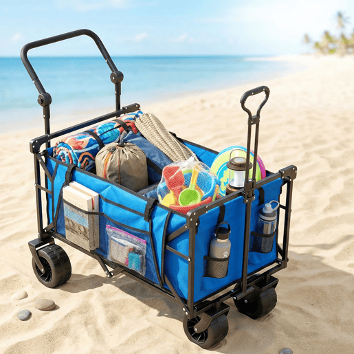 Outsunny Carrinho de Transporte com Rodas Grandes Travão Teto Amovível Carro Dobrável para Jardim com Barra Ajustável Porta-Copos e Bolsos Capacidade 100 kg para Campismo 125x59x133 cm Azul