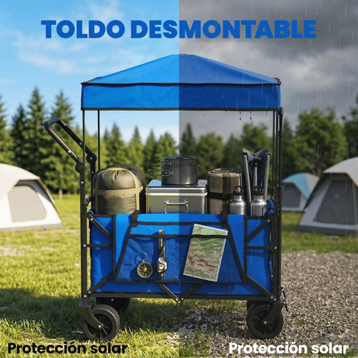 Outsunny Carrinho de Transporte com Rodas Grandes Travão Teto Amovível Carro Dobrável para Jardim com Barra Ajustável Porta-Copos e Bolsos Capacidade 100 kg para Campismo 125x59x133 cm Azul