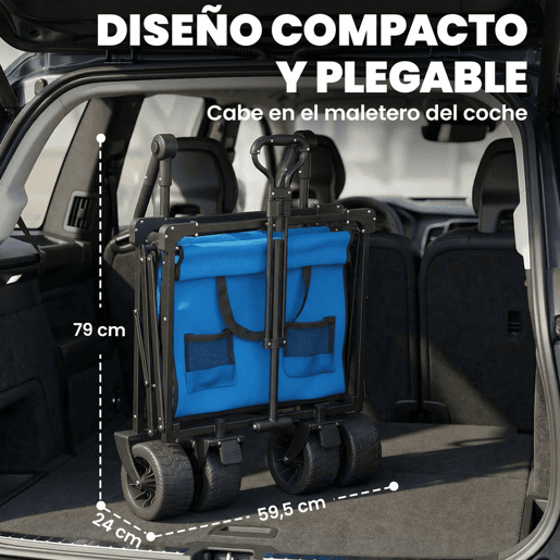 Outsunny Carrinho de Transporte com Rodas Grandes Travão Teto Amovível Carro Dobrável para Jardim com Barra Ajustável Porta-Copos e Bolsos Capacidade 100 kg para Campismo 125x59x133 cm Azul