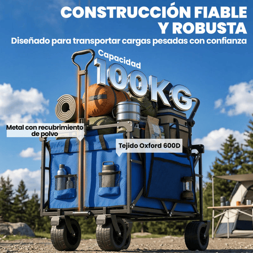 Outsunny Carrinho de Transporte com Rodas Grandes Travão Teto Amovível Carro Dobrável para Jardim com Barra Ajustável Porta-Copos e Bolsos Capacidade 100 kg para Campismo 125x59x133 cm Azul