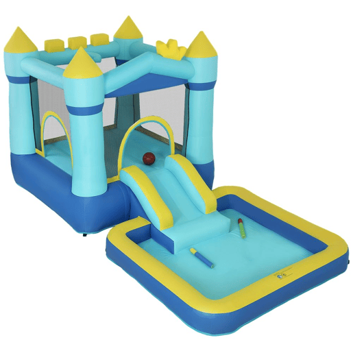 AIYAPLAY Castelo Insuflável para Crianças com Insuflador, Castelo Insuflável com Escorrega, Cama Elástica, Piscina e Aro de Basquetebol, para Crianças dos 3 aos 8 Anos, Interior e Exterior, 364x173x182 cm, Azul
