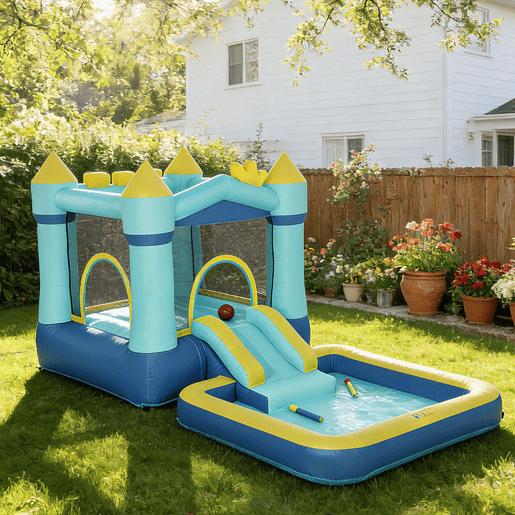 AIYAPLAY Castelo Insuflável para Crianças com Insuflador, Castelo Insuflável com Escorrega, Cama Elástica, Piscina e Aro de Basquetebol, para Crianças dos 3 aos 8 Anos, Interior e Exterior, 364x173x182 cm, Azul