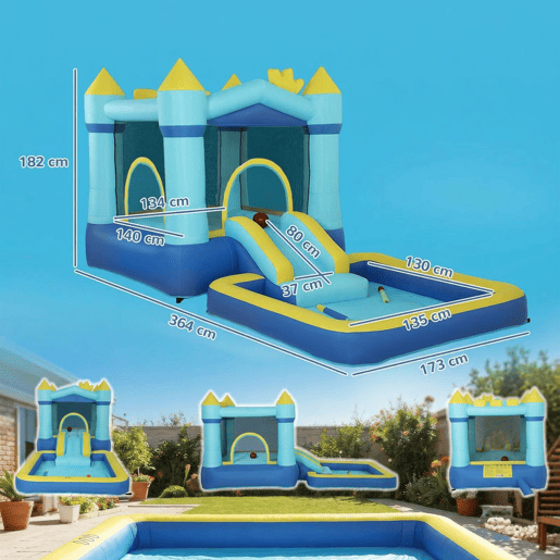 AIYAPLAY Castelo Insuflável para Crianças com Insuflador, Castelo Insuflável com Escorrega, Cama Elástica, Piscina e Aro de Basquetebol, para Crianças dos 3 aos 8 Anos, Interior e Exterior, 364x173x182 cm, Azul