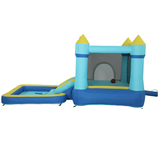 AIYAPLAY Castelo Insuflável para Crianças com Insuflador, Castelo Insuflável com Escorrega, Cama Elástica, Piscina e Aro de Basquetebol, para Crianças dos 3 aos 8 Anos, Interior e Exterior, 364x173x182 cm, Azul