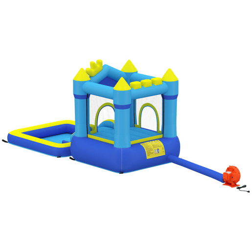 AIYAPLAY Castelo Insuflável para Crianças com Insuflador, Castelo Insuflável com Escorrega, Cama Elástica, Piscina e Aro de Basquetebol, para Crianças dos 3 aos 8 Anos, Interior e Exterior, 364x173x182 cm, Azul