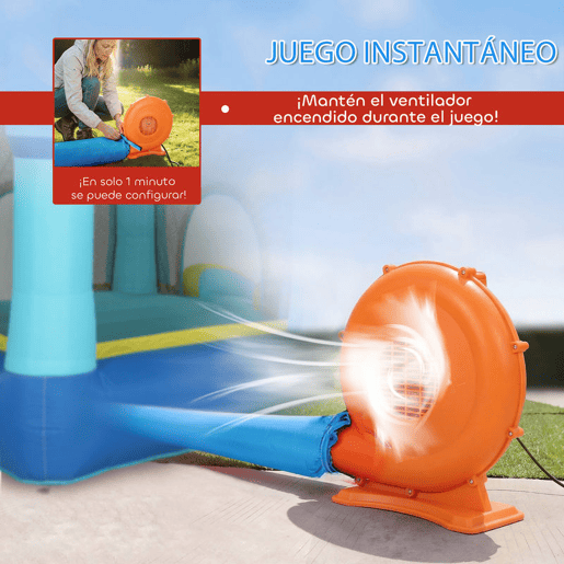 AIYAPLAY Castelo Insuflável para Crianças com Insuflador, Castelo Insuflável com Escorrega, Cama Elástica, Piscina e Aro de Basquetebol, para Crianças dos 3 aos 8 Anos, Interior e Exterior, 364x173x182 cm, Azul