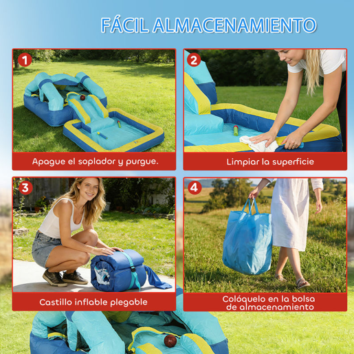 AIYAPLAY Castelo Insuflável para Crianças com Insuflador, Castelo Insuflável com Escorrega, Cama Elástica, Piscina e Aro de Basquetebol, para Crianças dos 3 aos 8 Anos, Interior e Exterior, 364x173x182 cm, Azul