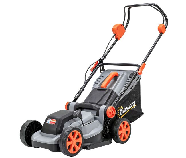 Outsunny cortacésped a batería inalámbrico 18v, 2 baterías de 4ah, ancho de corte 34 cm hasta 400 m², función mulching, motor sin escobillas 700 w, bolsa 35l, 6 alturas corte 25-75 mm, mango ajustable