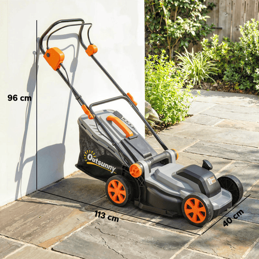 Outsunny Cortador de Relva a Bateria Sem Fios 18V, 2 Baterias de 4Ah, Largura de Corte 34 cm até 400 m², Função Mulching, Motor sem Escovas 700 W, Saco 35L, 6 Alturas de Corte 25-75 mm, Cabo Ajustável