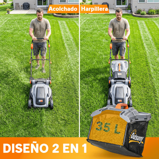 Outsunny Cortador de Relva a Bateria Sem Fios 18V, 2 Baterias de 4Ah, Largura de Corte 34 cm até 400 m², Função Mulching, Motor sem Escovas 700 W, Saco 35L, 6 Alturas de Corte 25-75 mm, Cabo Ajustável