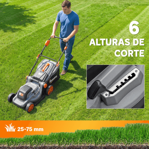 Outsunny Cortador de Relva a Bateria Sem Fios 18V, 2 Baterias de 4Ah, Largura de Corte 34 cm até 400 m², Função Mulching, Motor sem Escovas 700 W, Saco 35L, 6 Alturas de Corte 25-75 mm, Cabo Ajustável