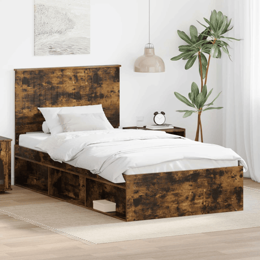 Estrutura de cama de solteiro para adultos com Cabeceira - Carvalho Defumado 100 x 200 cm