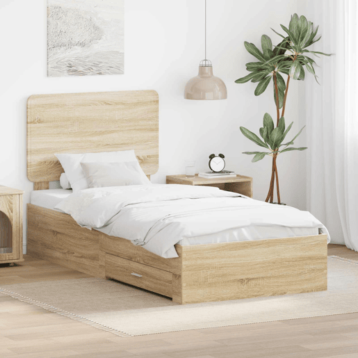 Estrutura de cama de solteiro moderno com cabeceira - Carvalho Sonoma 90 x 200 cm