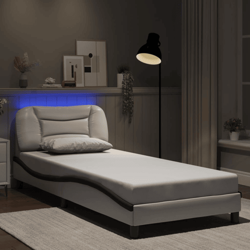 Estrutura de cama de solteiro para adultos com LED 90x190 cm brancopreto