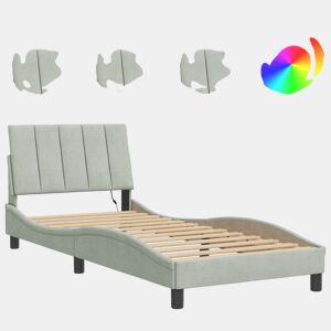 Estrutura de cama de solteiro simple com LED 90x200 cm veludo cinzento-claro