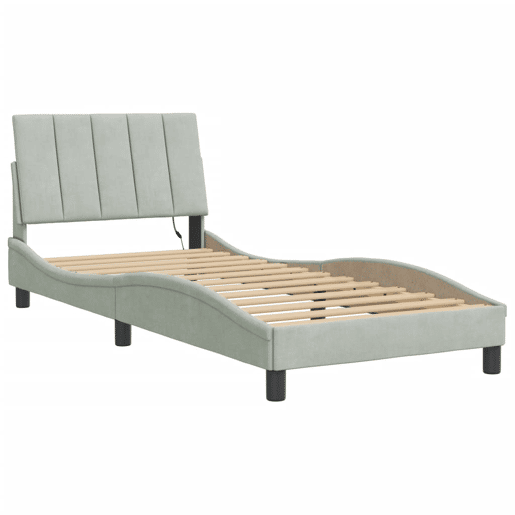 Estrutura de cama de solteiro simple com LED 90x200 cm veludo cinzento-claro