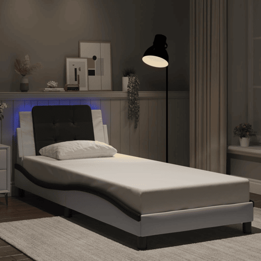 Estrutura de cama de solteiro para adultos com LED Zadar 90x190 cm brancopreto