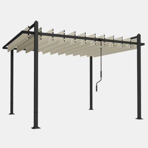 Outsunny Pérgola de Jardim 3x3,8 m Pérgola com Toldo Corrediço Ajustável a 90° Manivela Estrutura de Alumínio e Aço Proteção UPF50+ para Exterior Terraço Bege