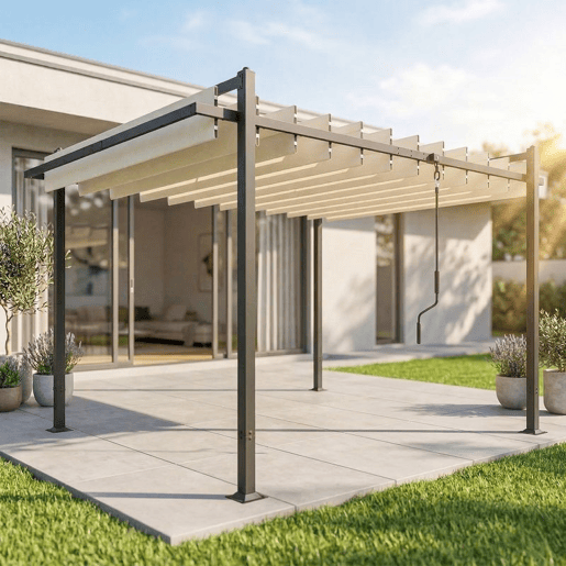 Outsunny Pérgola de Jardim 3x3,8 m Pérgola com Toldo Corrediço Ajustável a 90° Manivela Estrutura de Alumínio e Aço Proteção UPF50+ para Exterior Terraço Bege