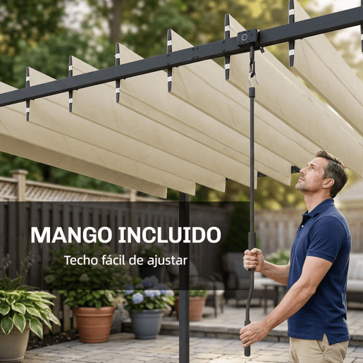 Outsunny Pérgola de Jardim 3x3,8 m Pérgola com Toldo Corrediço Ajustável a 90° Manivela Estrutura de Alumínio e Aço Proteção UPF50+ para Exterior Terraço Bege