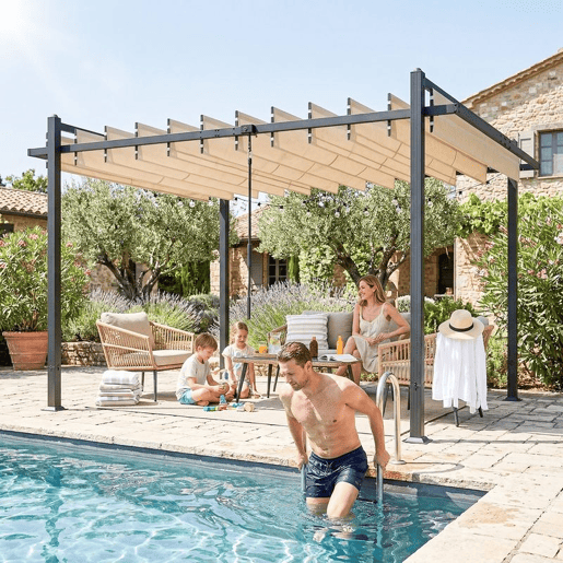 Outsunny Pérgola de Jardim 3x3,8 m Pérgola com Toldo Corrediço Ajustável a 90° Manivela Estrutura de Alumínio e Aço Proteção UPF50+ para Exterior Terraço Bege