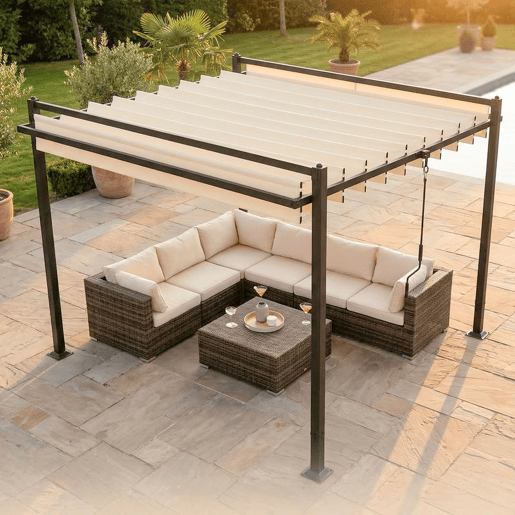 Outsunny Pérgola de Jardim 3x3,8 m Pérgola com Toldo Corrediço Ajustável a 90° Manivela Estrutura de Alumínio e Aço Proteção UPF50+ para Exterior Terraço Bege