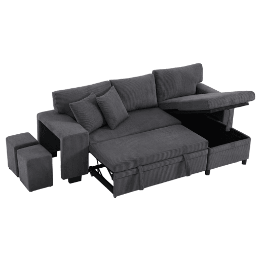 Sofá-cama em L para 3 pessoas - Convertível, com USB, almofadas e arrumação - Cinza