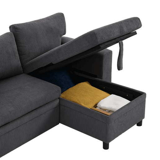 Sofá-cama em L para 3 pessoas - Convertível, com USB, almofadas e arrumação - Cinza