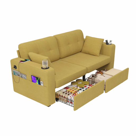 Sofá de 2 lugares - com espaço de arrumação, porta-USB e porta-copos - amarelo mostarda