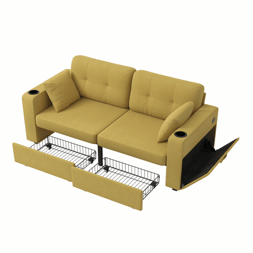 Sofá de 2 lugares - com espaço de arrumação, porta-USB e porta-copos - amarelo mostarda