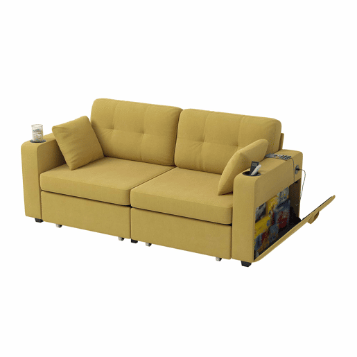 Sofá de 2 lugares - com espaço de arrumação, porta-USB e porta-copos - amarelo mostarda