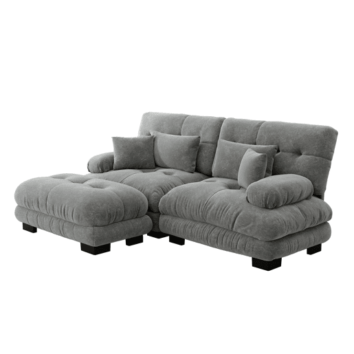Sofá Cloud 2 lugares - Chenille com 2 almofadas lombares, 2 almofadas decorativas, braços largos e otomano - Cinza
