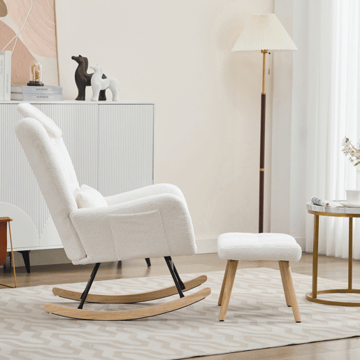 Cadeira de balanço com apoio para os pés - Design moderno, com braços, tecido de veludo, até 100 kg - Branco