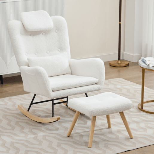 Cadeira de balanço com apoio para os pés - Design moderno, com braços, tecido de veludo, até 100 kg - Branco