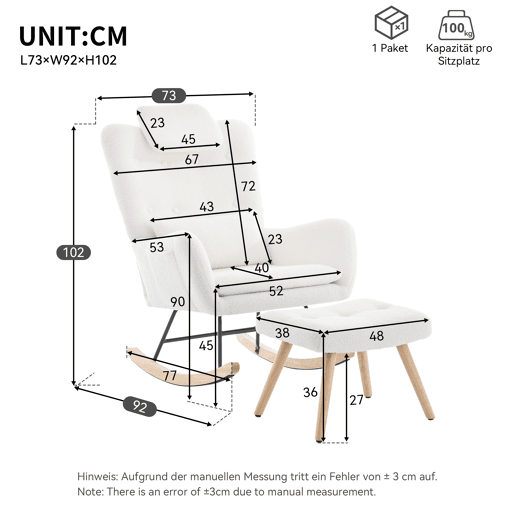Cadeira de balanço com apoio para os pés - Design moderno, com braços, tecido de veludo, até 100 kg - Branco