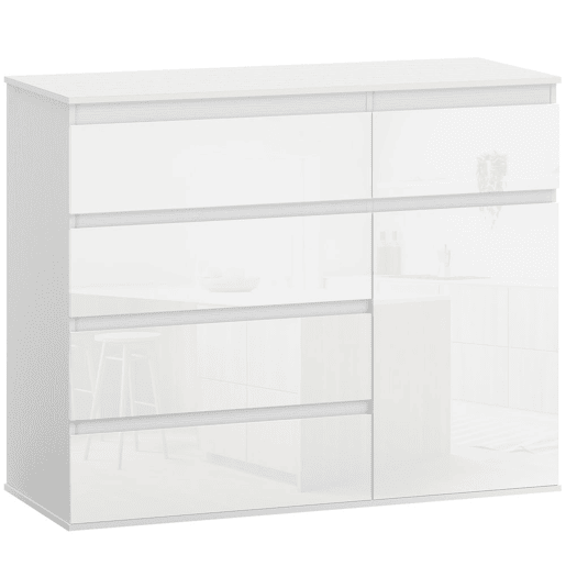 HOMCOM Aparador com 5 Gavetas Aparador de Sala com Prateleiras Ajustáveis Porta com Fecho Suave para Cozinha Entrada Quarto 100x40x80 cm Branco Brilhante