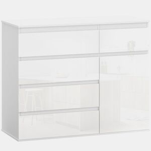 HOMCOM Aparador com 5 Gavetas Aparador de Sala com Prateleiras Ajustáveis Porta com Fecho Suave para Cozinha Entrada Quarto 100x40x80 cm Branco Brilhante