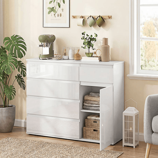 HOMCOM Aparador com 5 Gavetas Aparador de Sala com Prateleiras Ajustáveis Porta com Fecho Suave para Cozinha Entrada Quarto 100x40x80 cm Branco Brilhante