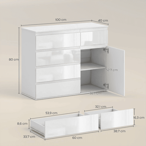 HOMCOM Aparador com 5 Gavetas Aparador de Sala com Prateleiras Ajustáveis Porta com Fecho Suave para Cozinha Entrada Quarto 100x40x80 cm Branco Brilhante