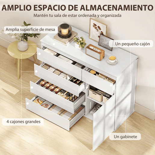 HOMCOM Aparador com 5 Gavetas Aparador de Sala com Prateleiras Ajustáveis Porta com Fecho Suave para Cozinha Entrada Quarto 100x40x80 cm Branco Brilhante