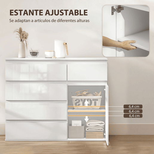 HOMCOM Aparador com 5 Gavetas Aparador de Sala com Prateleiras Ajustáveis Porta com Fecho Suave para Cozinha Entrada Quarto 100x40x80 cm Branco Brilhante