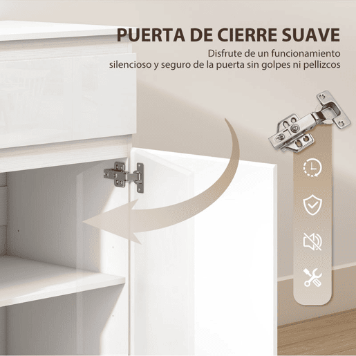 HOMCOM Aparador com 5 Gavetas Aparador de Sala com Prateleiras Ajustáveis Porta com Fecho Suave para Cozinha Entrada Quarto 100x40x80 cm Branco Brilhante