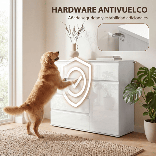 HOMCOM Aparador com 5 Gavetas Aparador de Sala com Prateleiras Ajustáveis Porta com Fecho Suave para Cozinha Entrada Quarto 100x40x80 cm Branco Brilhante
