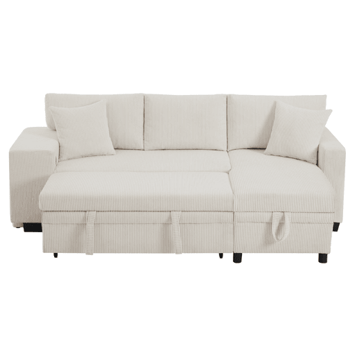 Sofá-cama conversível em L para 3 pessoas - Com USB, almofadas, arrumação e prateleiras laterais - Bege