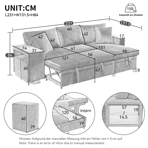 Sofá-cama conversível em L para 3 pessoas - Com USB, almofadas, arrumação e prateleiras laterais - Bege