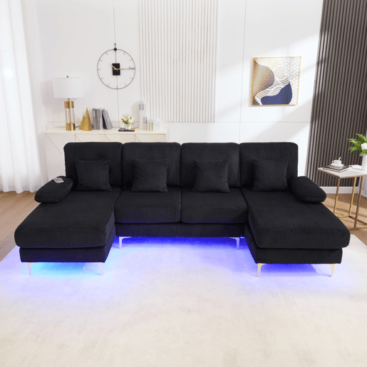 Sofá U moderno - com iluminação LED, porta USB-C, estrutura em madeira maciça, 4 almofadas luxuosas e encosto ergonómico - preto
