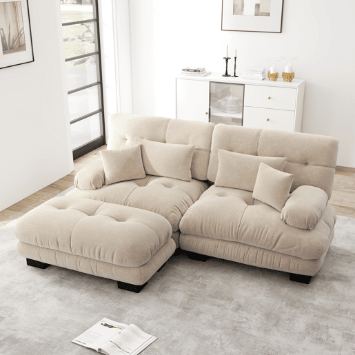 Sofá de canto Cloud - 2 lugares - Chenille com 2 almofadas lombares, 2 almofadas decorativas, braços largos e otomana - Café