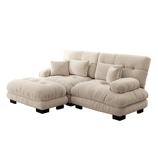 Sofá de canto Cloud - 2 lugares - Chenille com 2 almofadas lombares, 2 almofadas decorativas, braços largos e otomana - Café