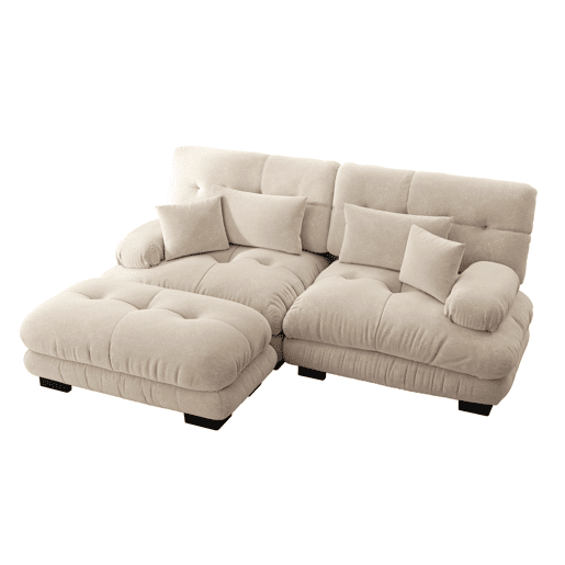 Sofá de canto Cloud - 2 lugares - Chenille com 2 almofadas lombares, 2 almofadas decorativas, braços largos e otomana - Café
