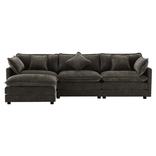 Sofá de canto de 3 lugares em chenille com apoio modular para os pés - Cinzento